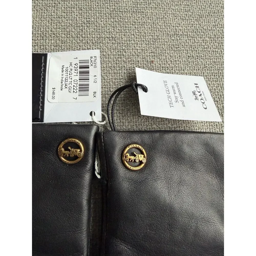 Coach Horse And Carriage Sheep Leather Tech Gloves Black Size 6.5 - F76310 New